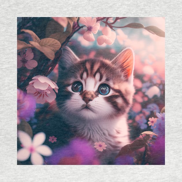 Cute Brown Kitten Floral Background | White, brown and grey cat with blue eyes | Digital art Sticker by withdiamonds